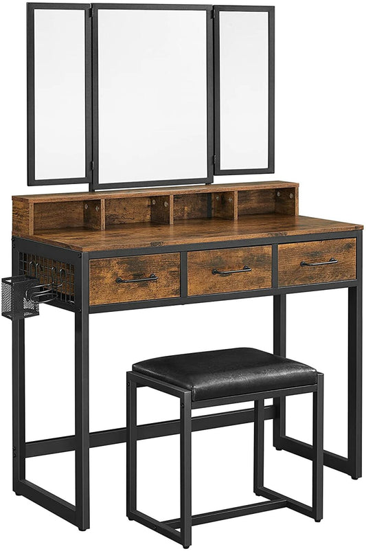 VASAGLE Dresser Table with Trifold Mirror Rustic Brown and Black RVT004B01