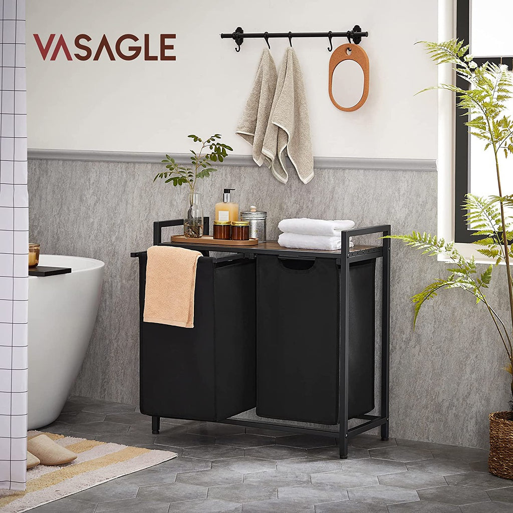 VASAGLE Laundry Basket with Shelf and Pull-Out Bags Rustic Brown and Black BLH201B01V1