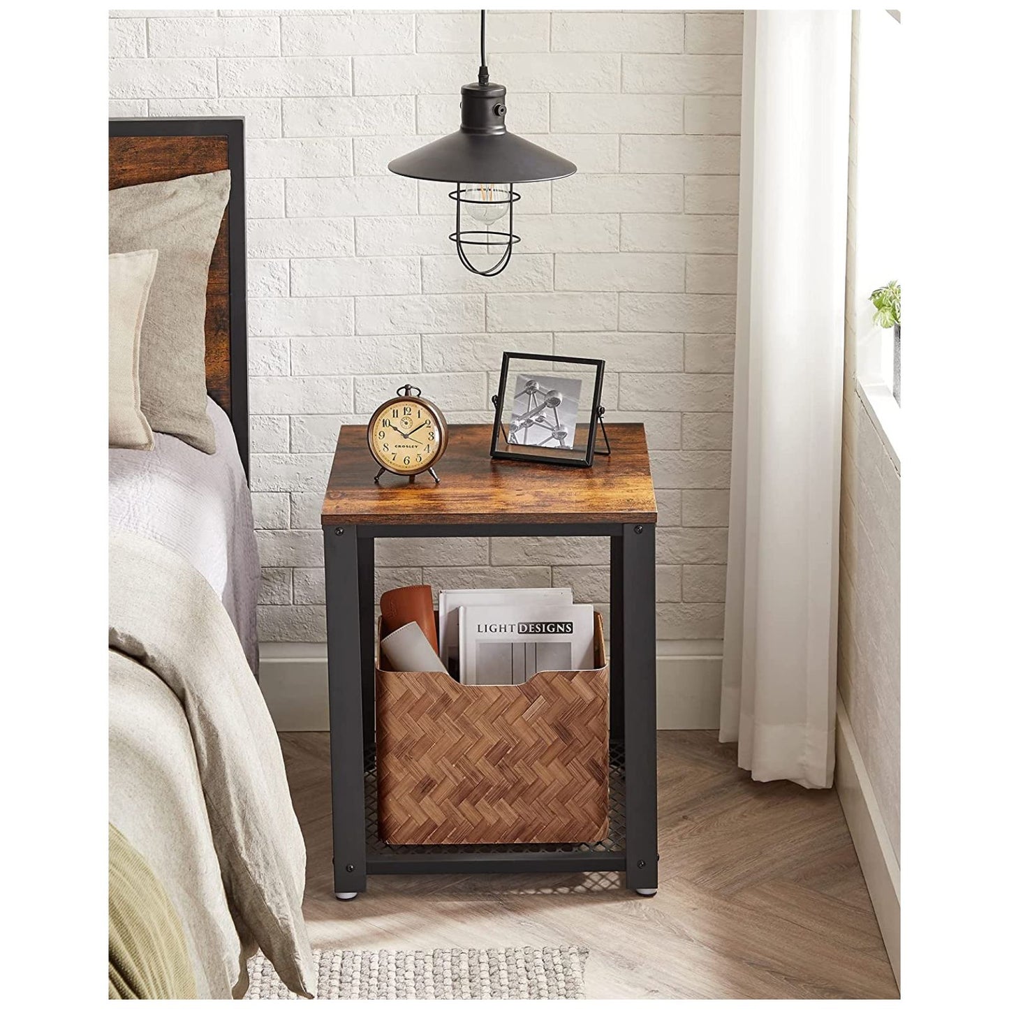 VASAGLE Side Table with Mesh Shelf Rustic Brown and Black