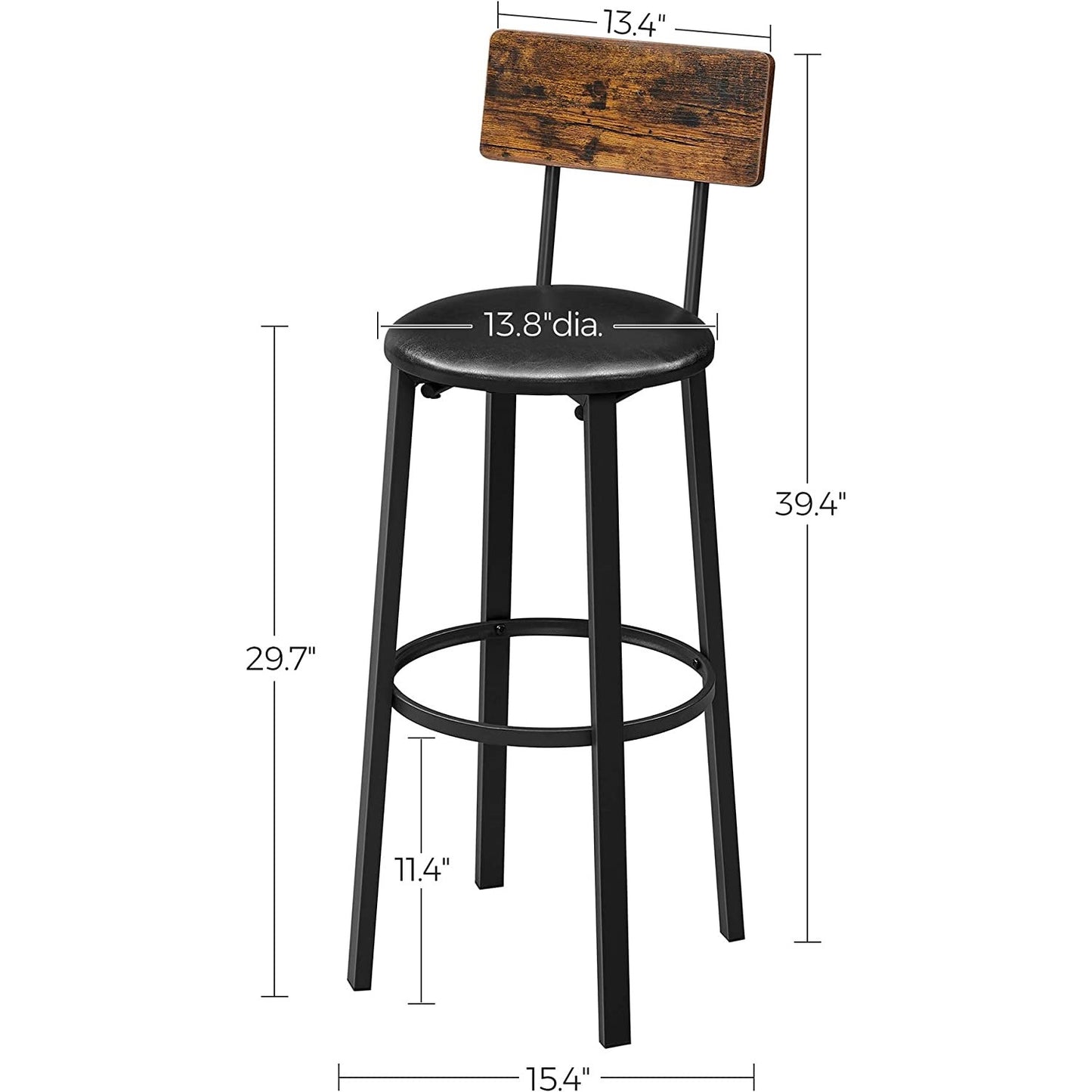 VASAGLE Set of 2 Bar Stools with Footrest PU Cover Vintage Brown Black