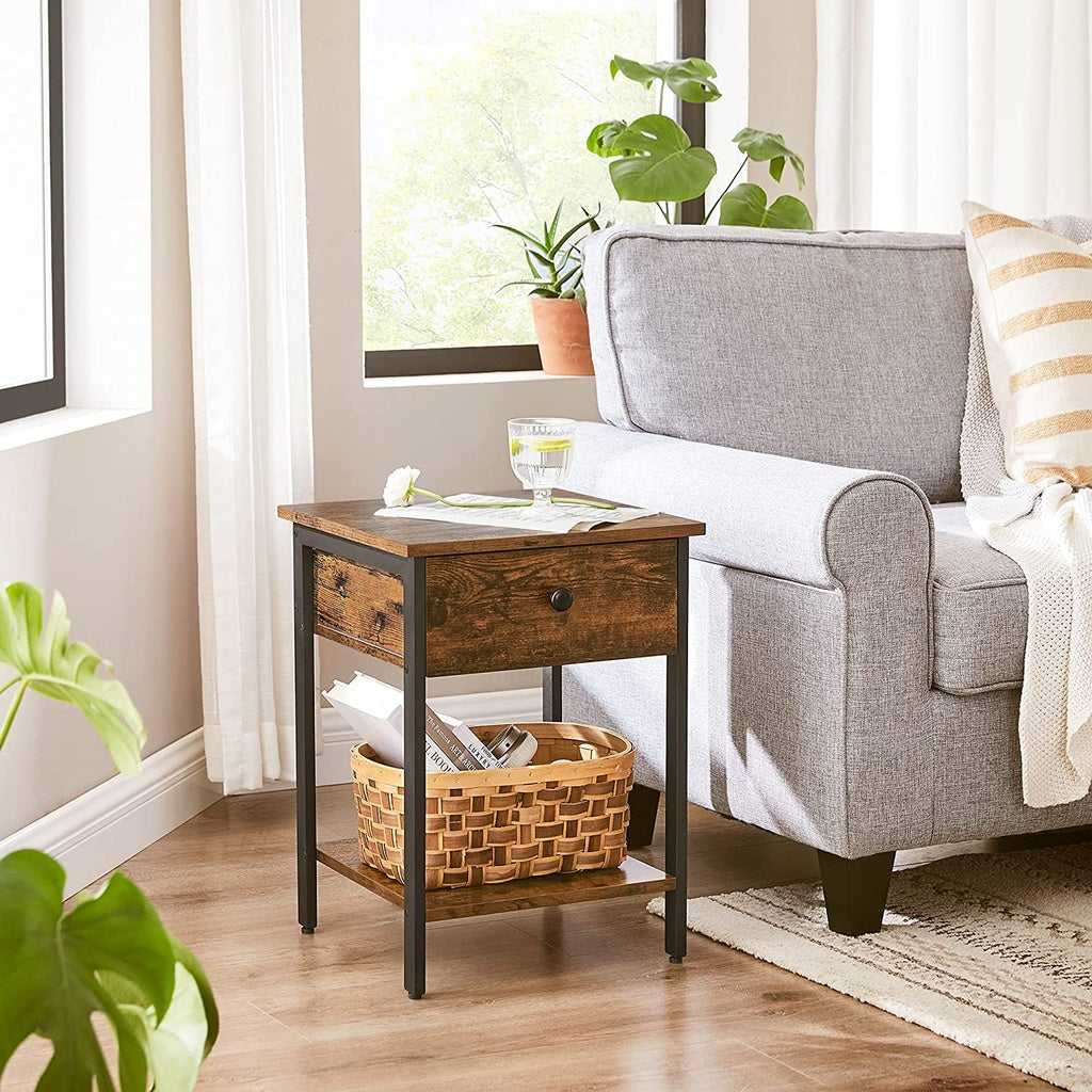 VASAGLE End Table with Drawer and Shelf Rustic Brown and Black LET55BXV1