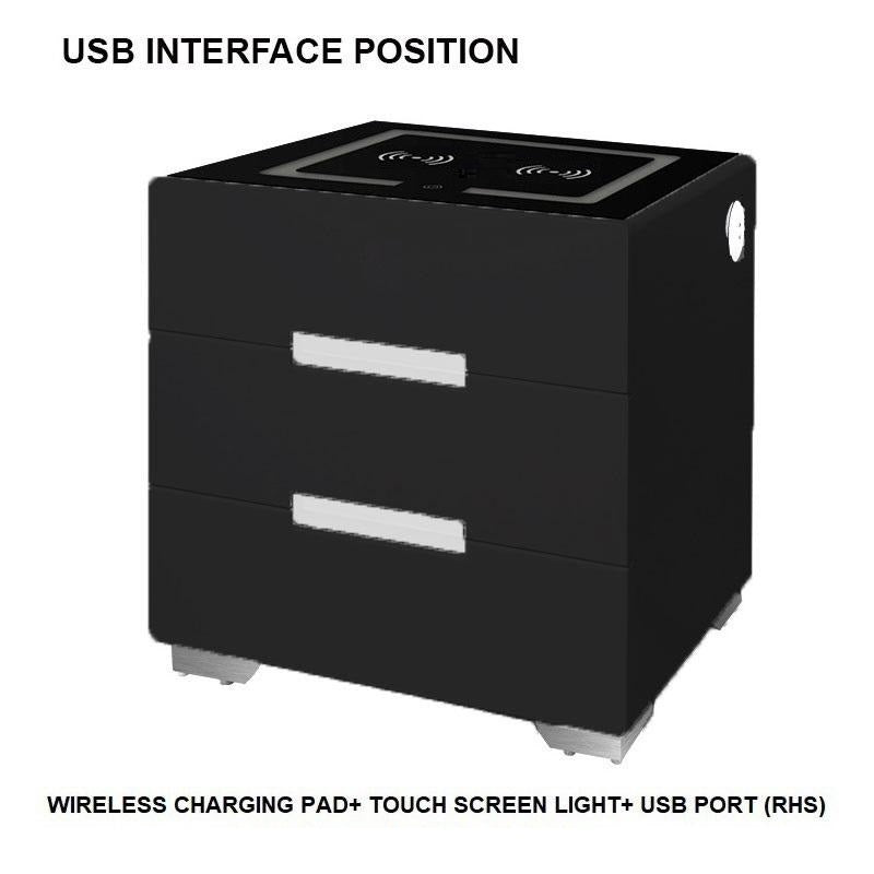 Smart Bedside Tables Side 3 Drawers Wireless Charging USB Right Hand Nightstand LED Light AU