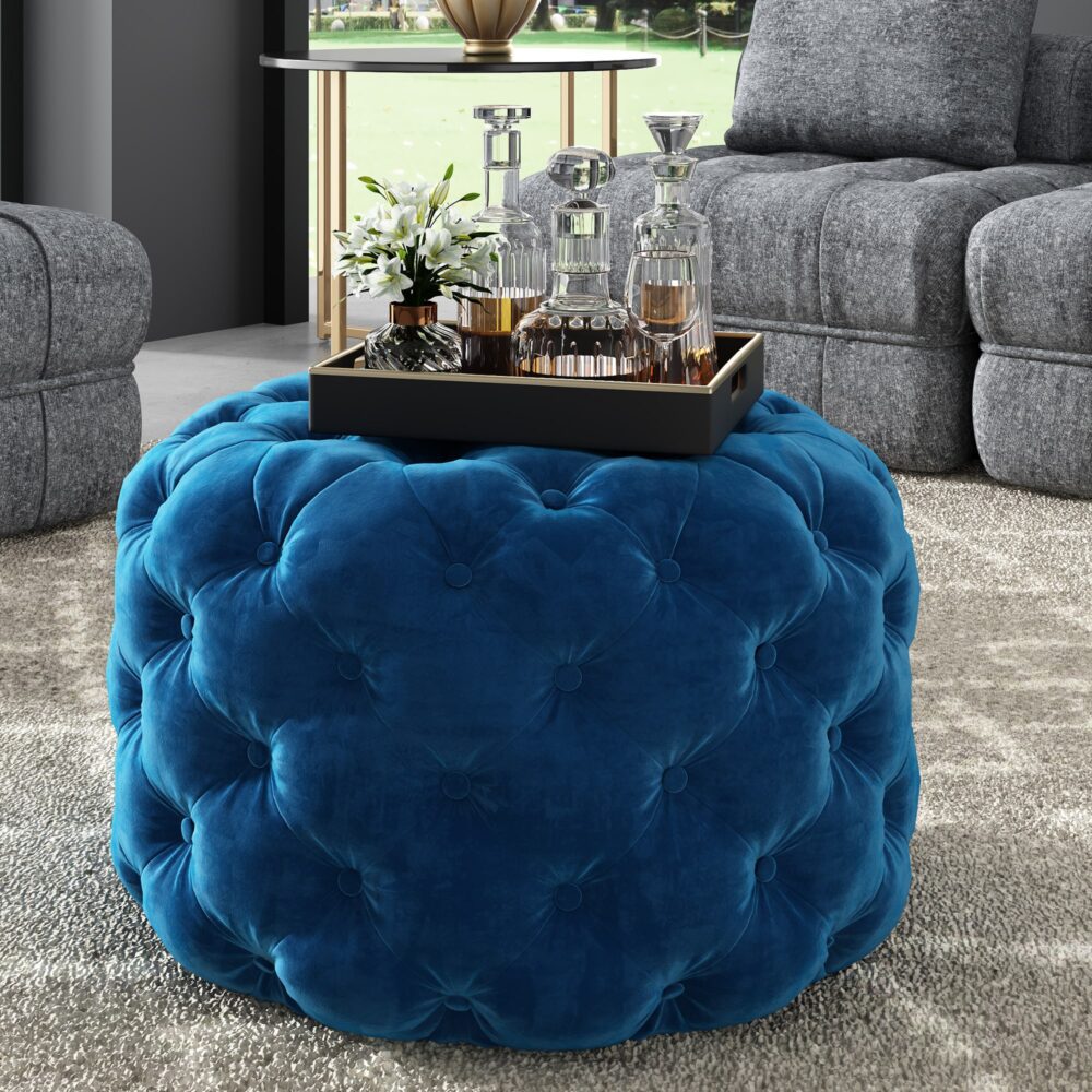 Round Velvet Ottoman in Navy