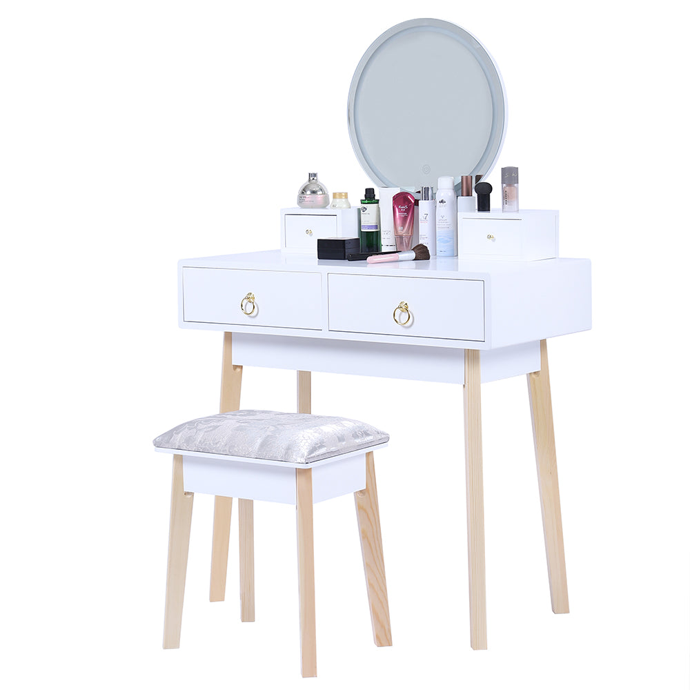 Dressing Vanity Table Stool Set with Make-up LED Lighted Mirror-White