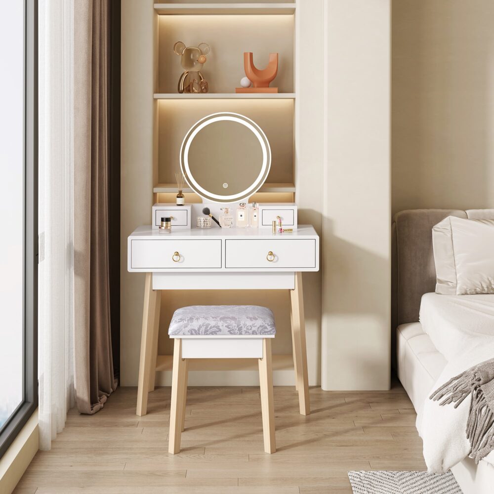 Dressing Vanity Table Stool Set with Make-up LED Lighted Mirror-White