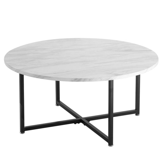 White Marble Effect Round Coffee Table with Black Legs