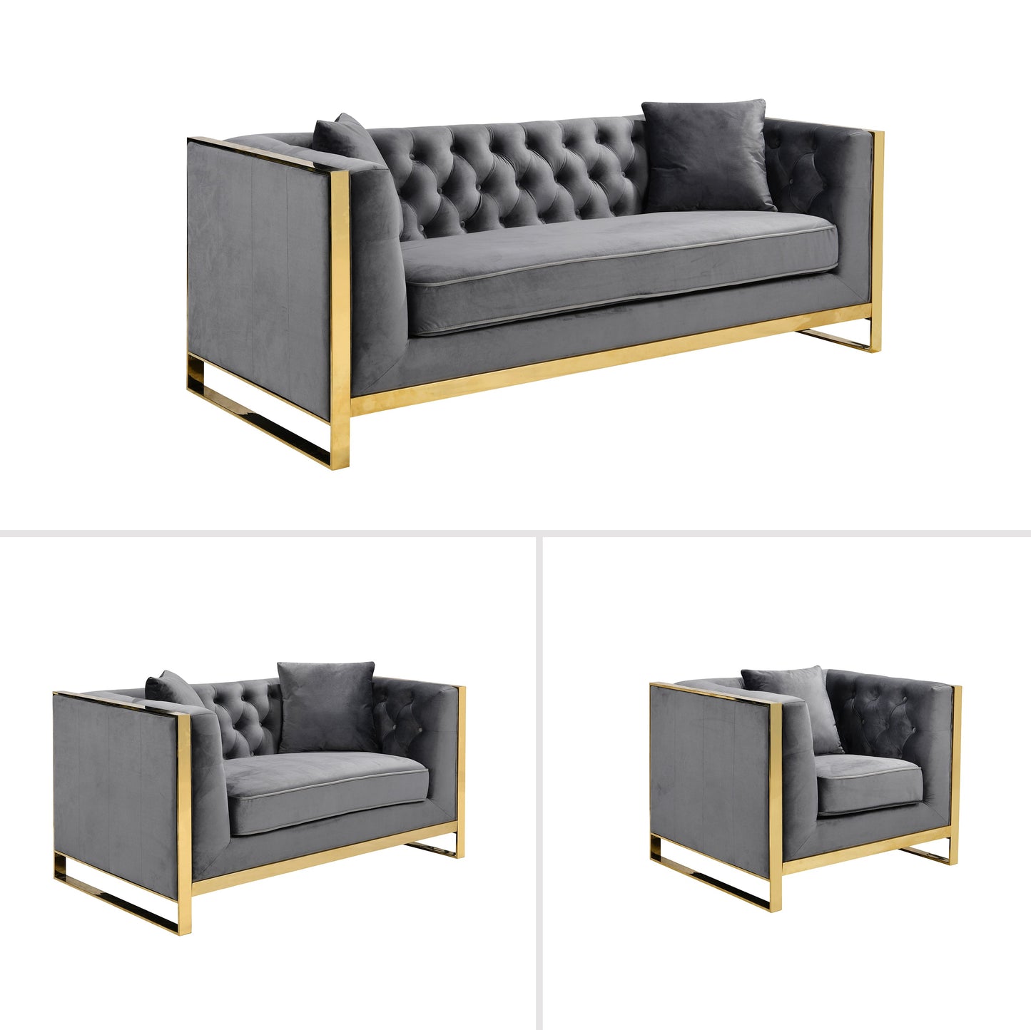 William Lounge - Dark Grey Velvet - Gold Trims