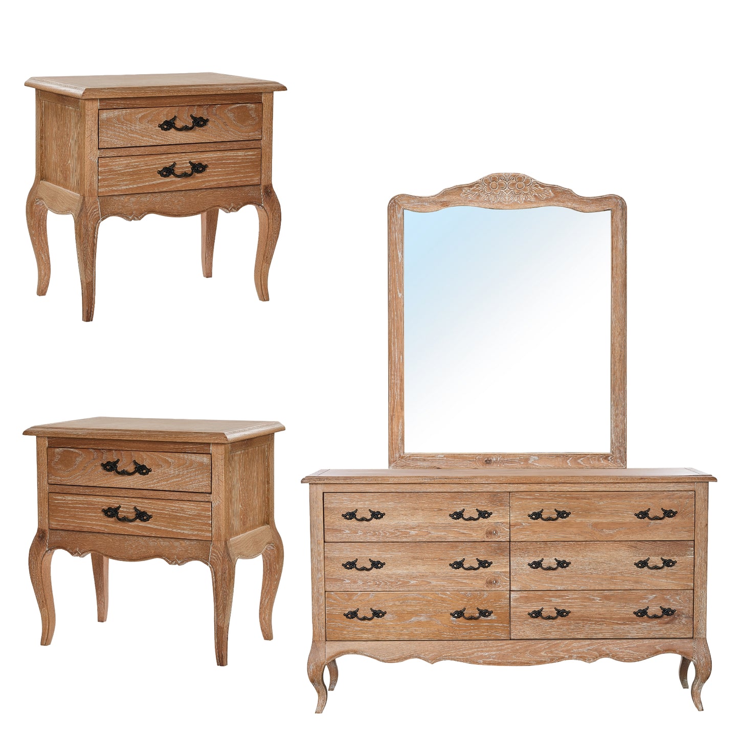 Bali 4pc Set 2 Bedside Dresser Mirror Storage Cabinet Side End Table Oak