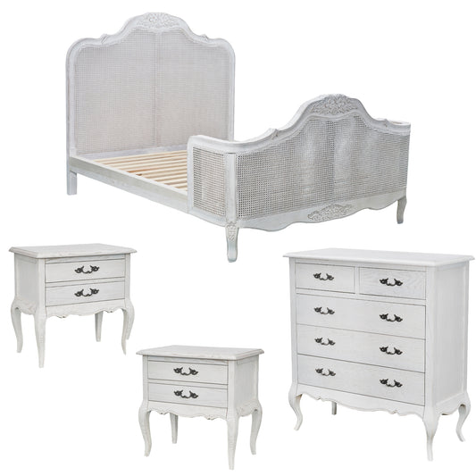 Alice 4pc King Bed Suite Bedside Tallboy Bedroom Rattan Furniture Package White