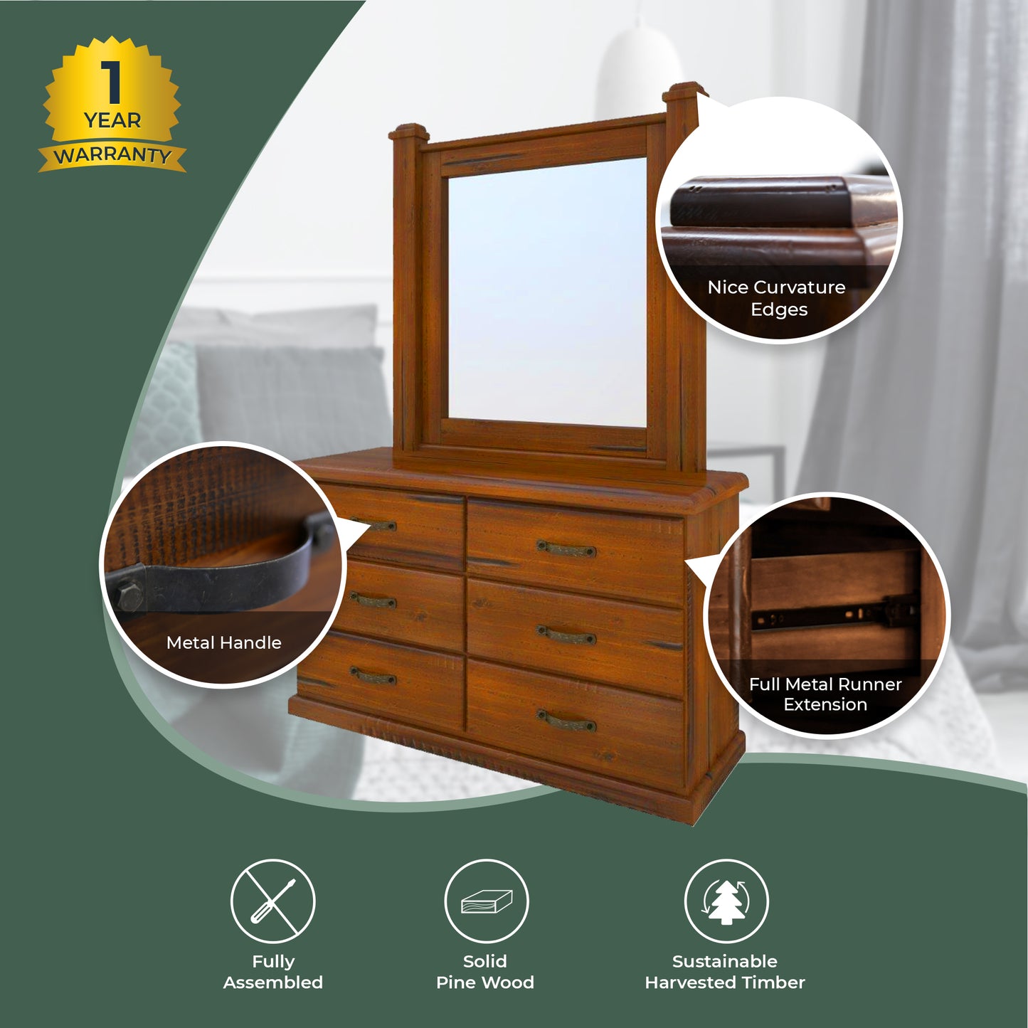 Umber Dresser Mirror 7 Chest of Drawers Solid Wood Storage Cabinet - Dark Brown