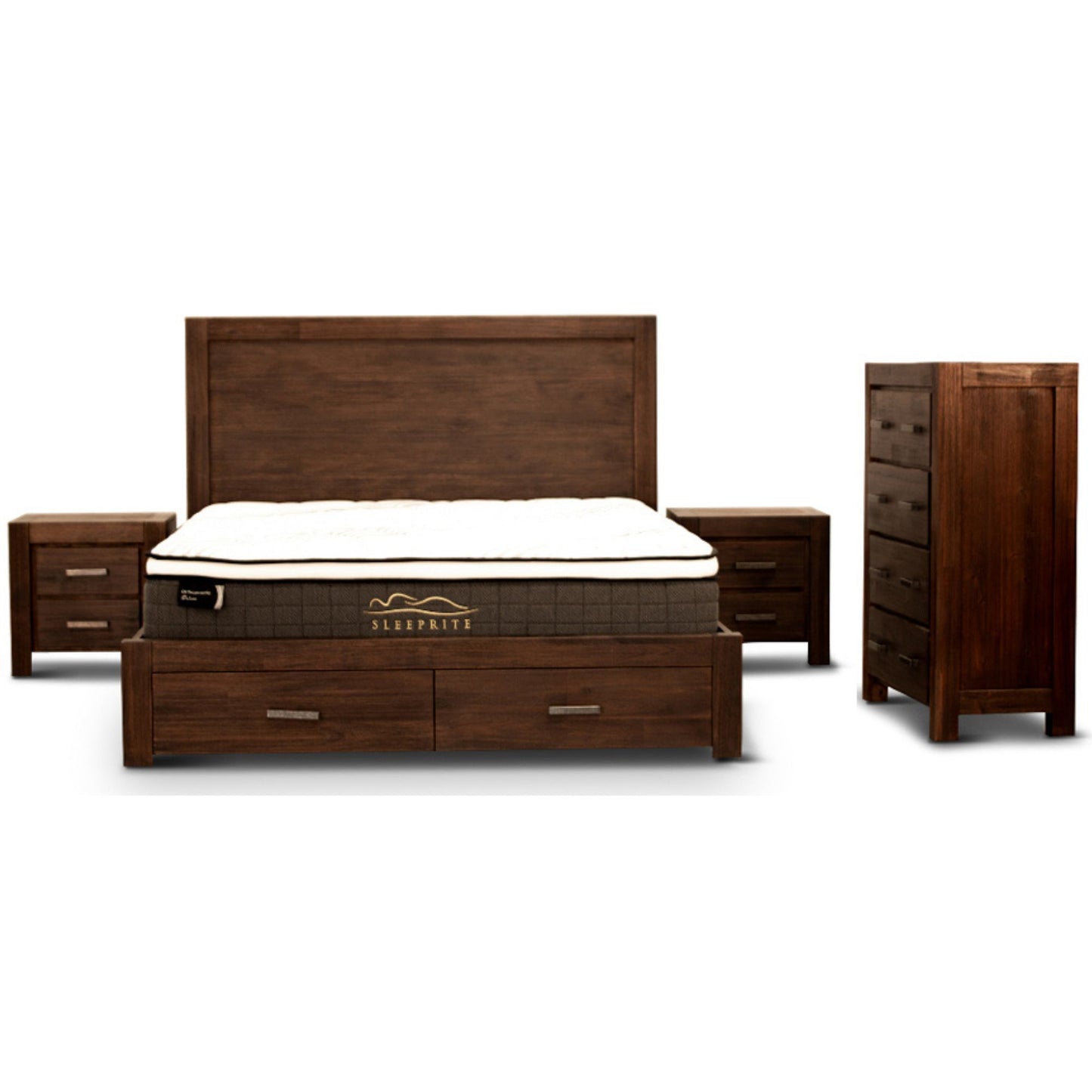 Comfortis 4pc Queen Bed Frame Suite Bedside Tallboy Furniture Package - Walnut