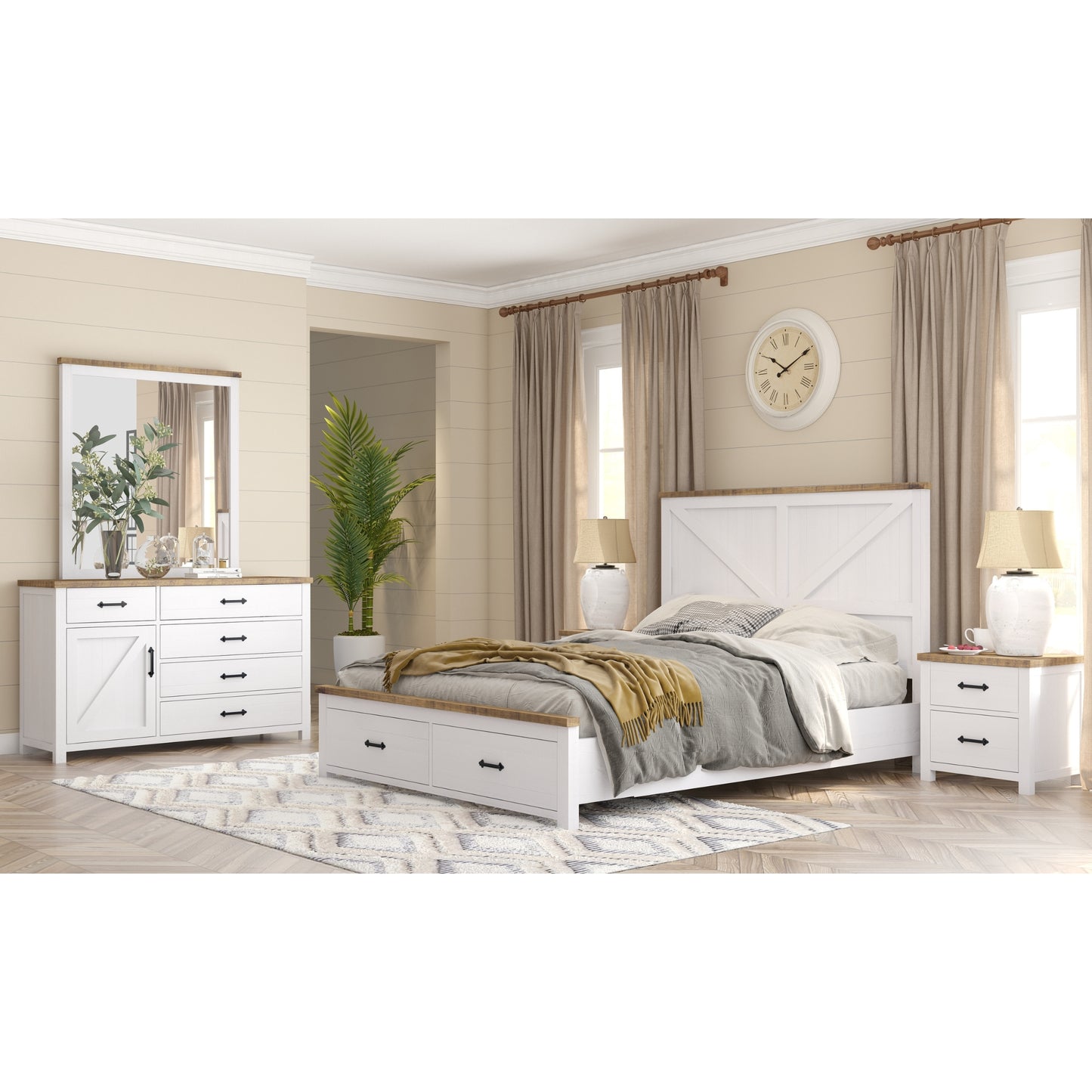 Grandy Bed Frame King Size Timber Mattress Base With Storage Drawers White Brown