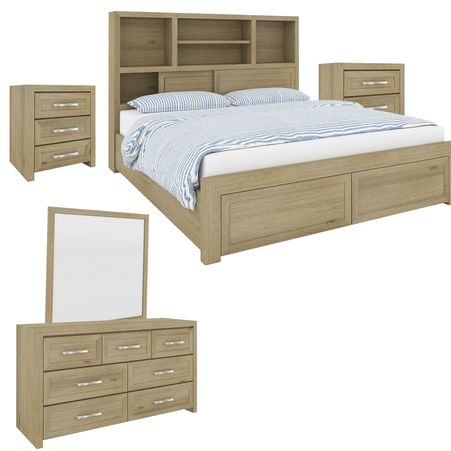 Gracelyn Set of 2 Bedside 3 Drawers Dresser Mirror Bedroom Cabinet - Smoke