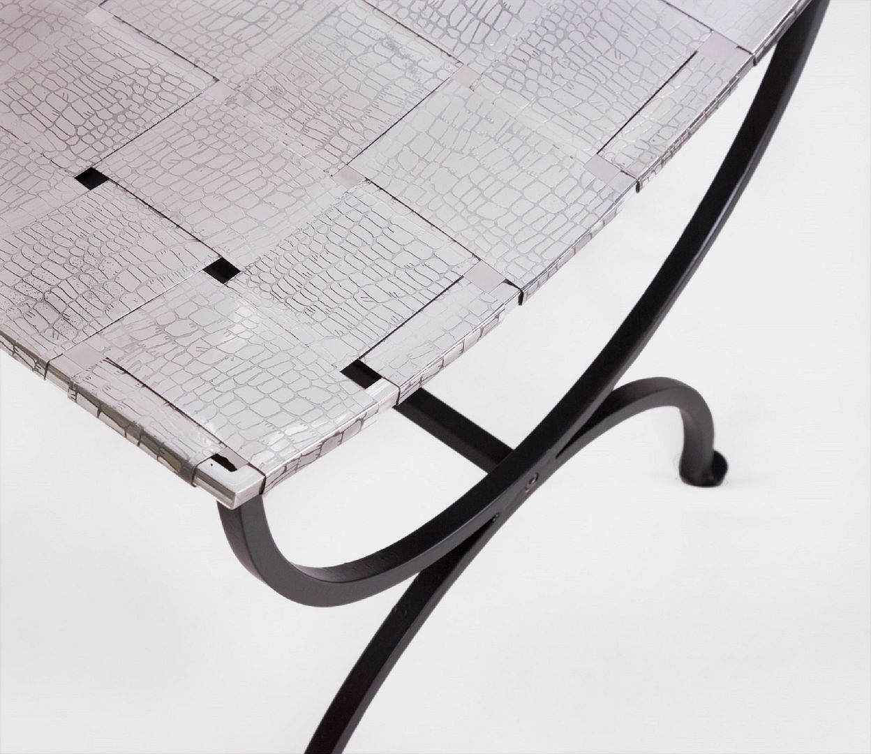 Small Black Dining Bench Seat with Woven Stainless Steel Top