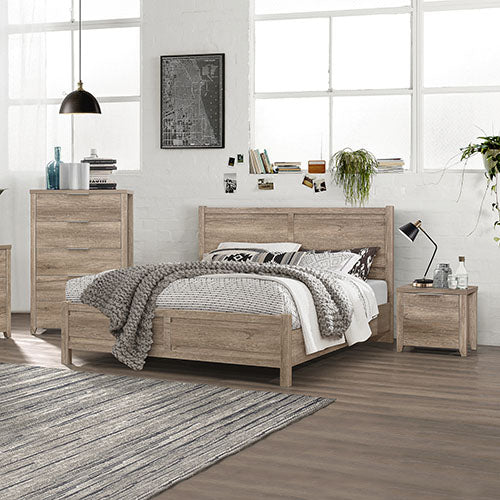 4 Pieces Bedroom Suite Natural Wood Like MDF Structure King Size Oak Colour Bed, Bedside Table & Tallboy