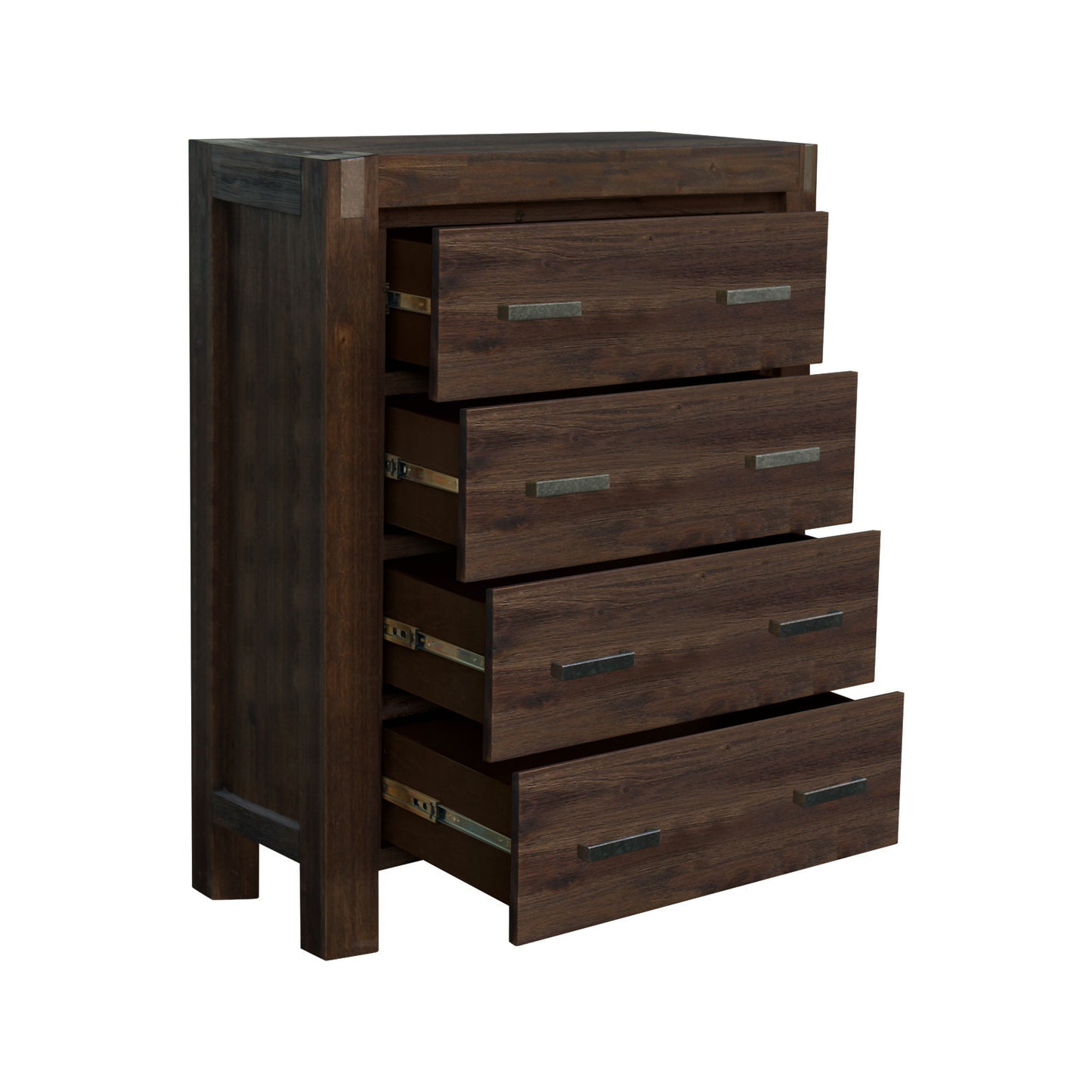 5 Pieces Bedroom Suite in Solid Wood Veneered Acacia Construction Timber Slat King Size Chocolate Colour Bed, Bedside Table , Tallboy & Dresser