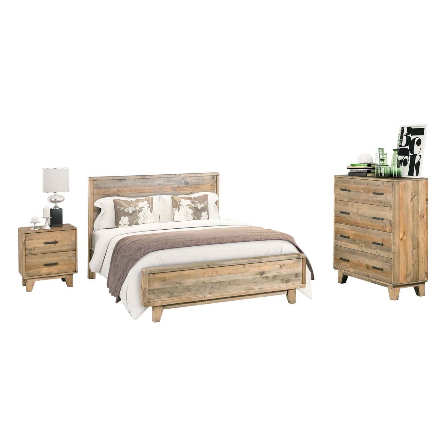 4 Pieces Bedroom Suite Double Size in Solid Wood Antique Design Light Brown Bed, Bedside Table & Tallboy