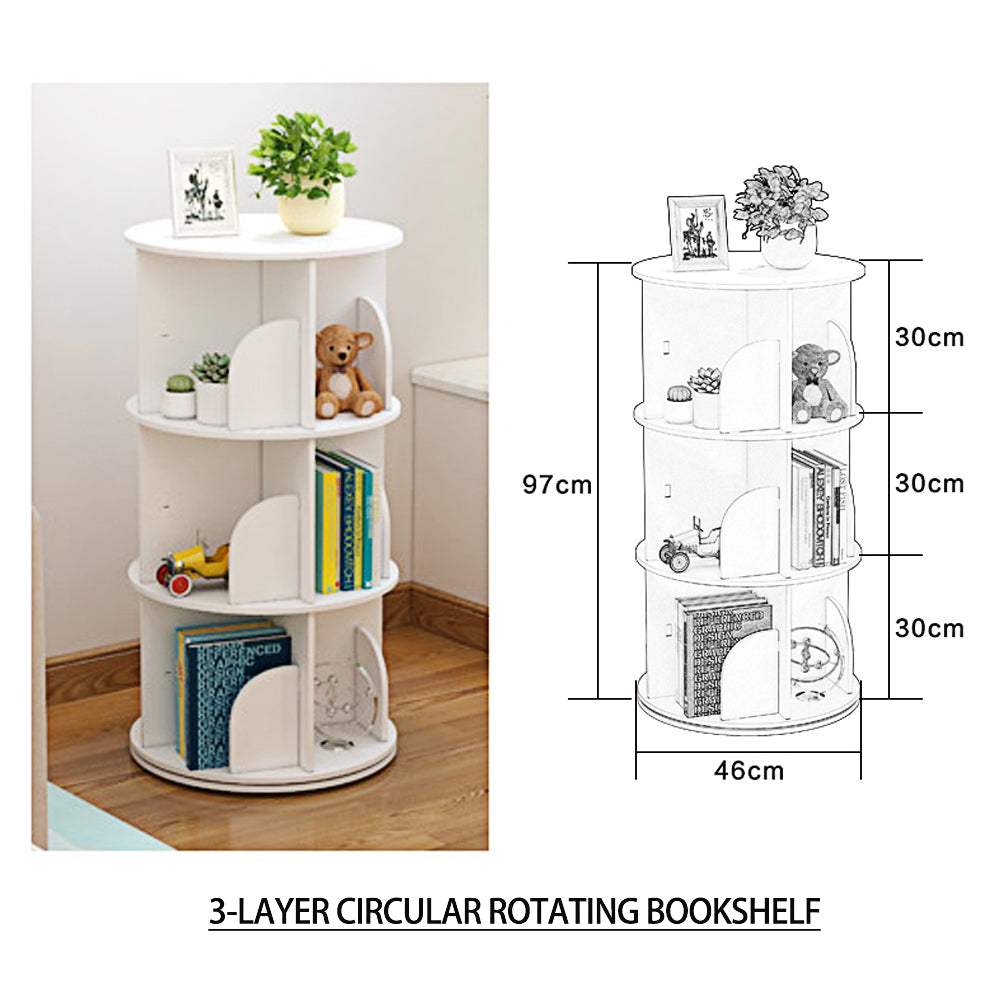 White Wooden Circular 360�� Rotating Bookshelf Display Storage Stand(3 Layers)