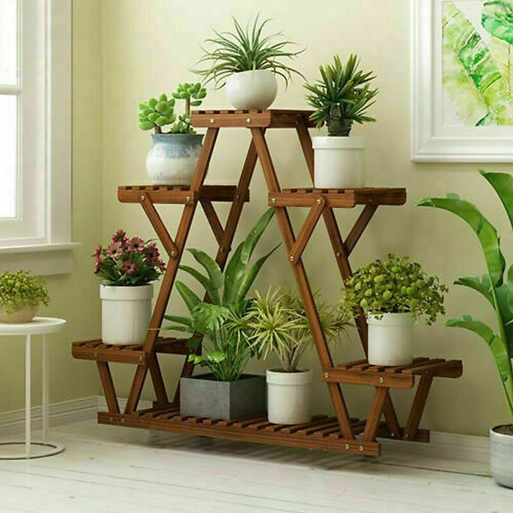 Wood Plant Stand Indoor Outdoor Carbonized Triangle Corner Plant Rack