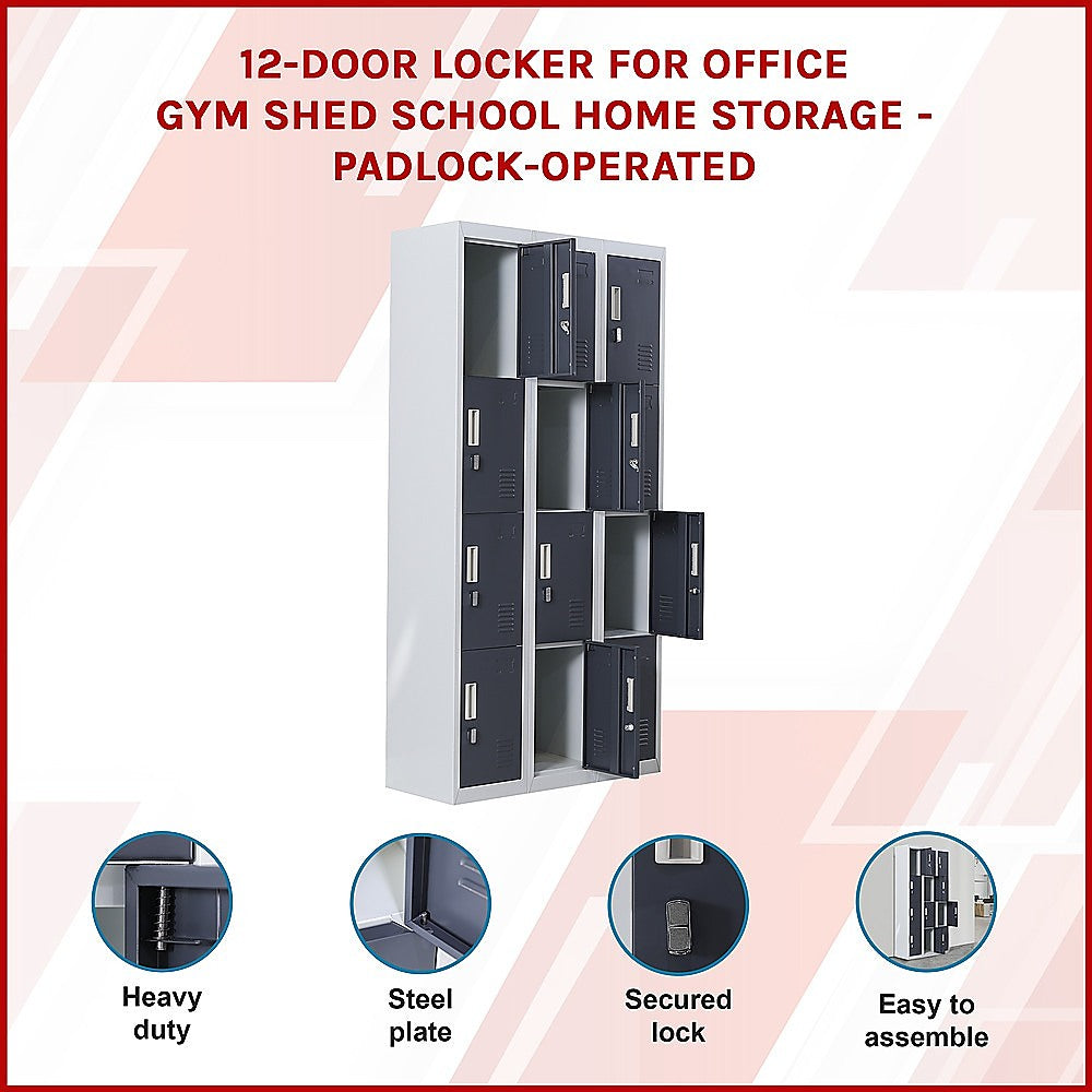 12-Door Locker for Office Gym Shed School Home Storage - Padlock-operated