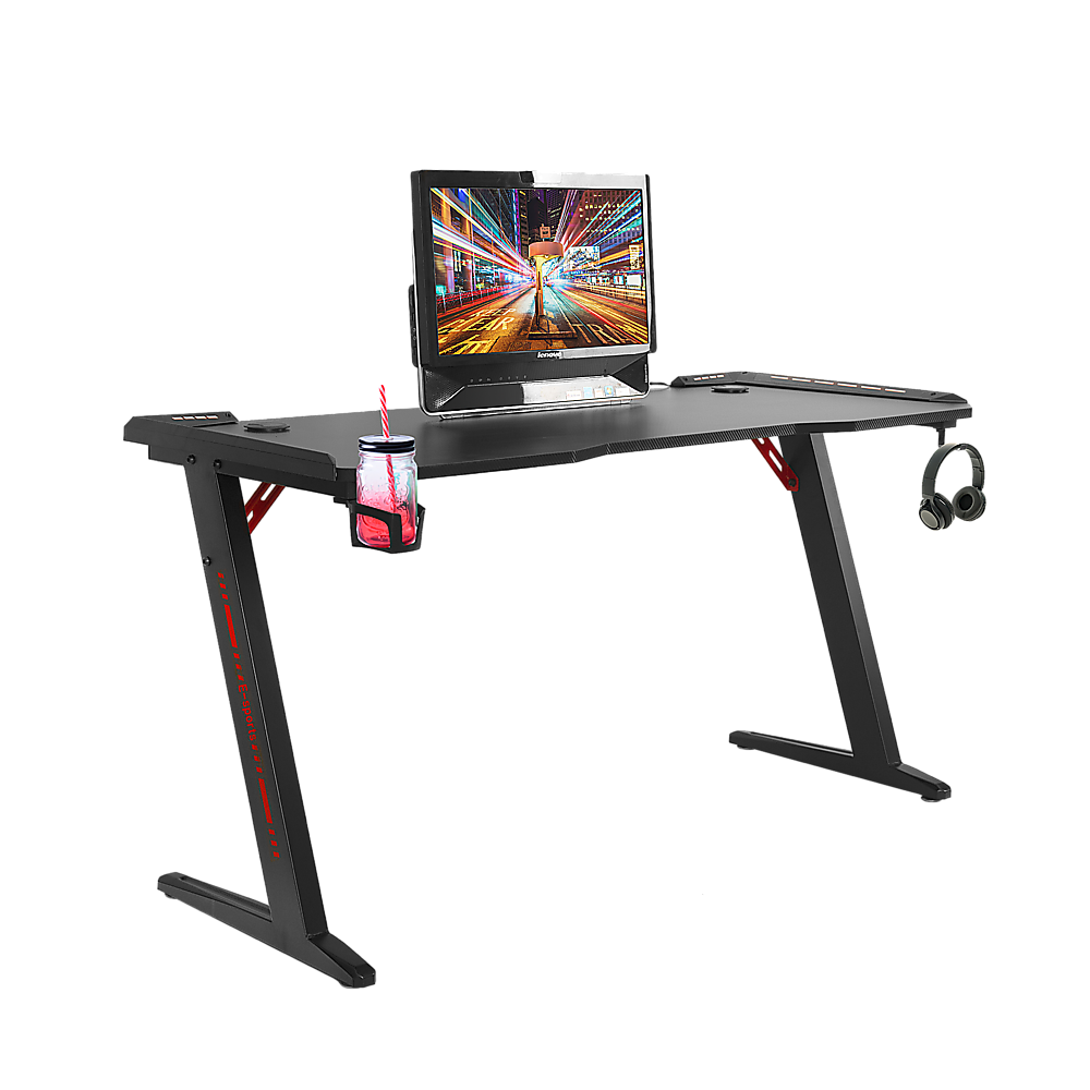 LED Gaming Desk Computer Table with Cup Holder Headphone Hook Cable Hole