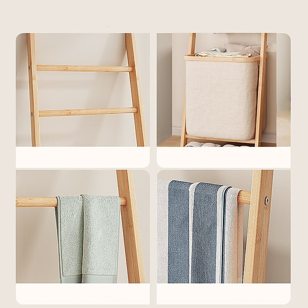 Wall Leaning Ladder Shelf with Laundry Basket Clothes Hamper Bath Towel Rack