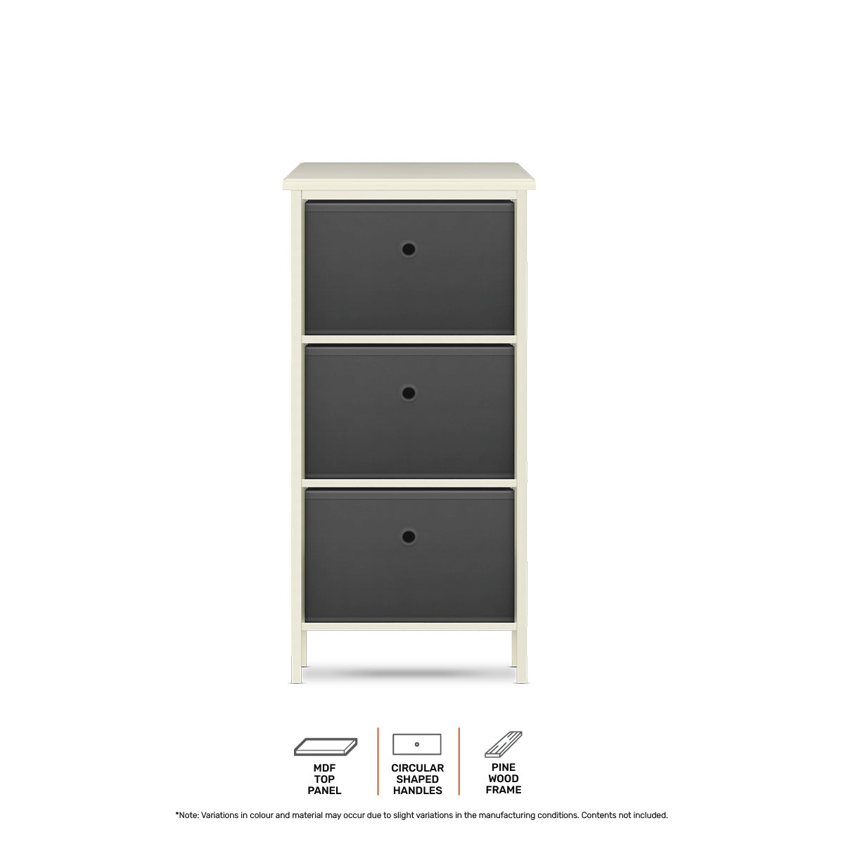 Home Master 3 Drawer Pine Wood Storage Chest Grey Fabric Baskets 37 x 80cm